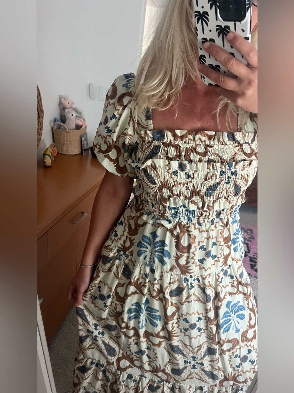 Smocked Midi Dress with Blue and Brown Tile Floral Print - Picture 2 of 5